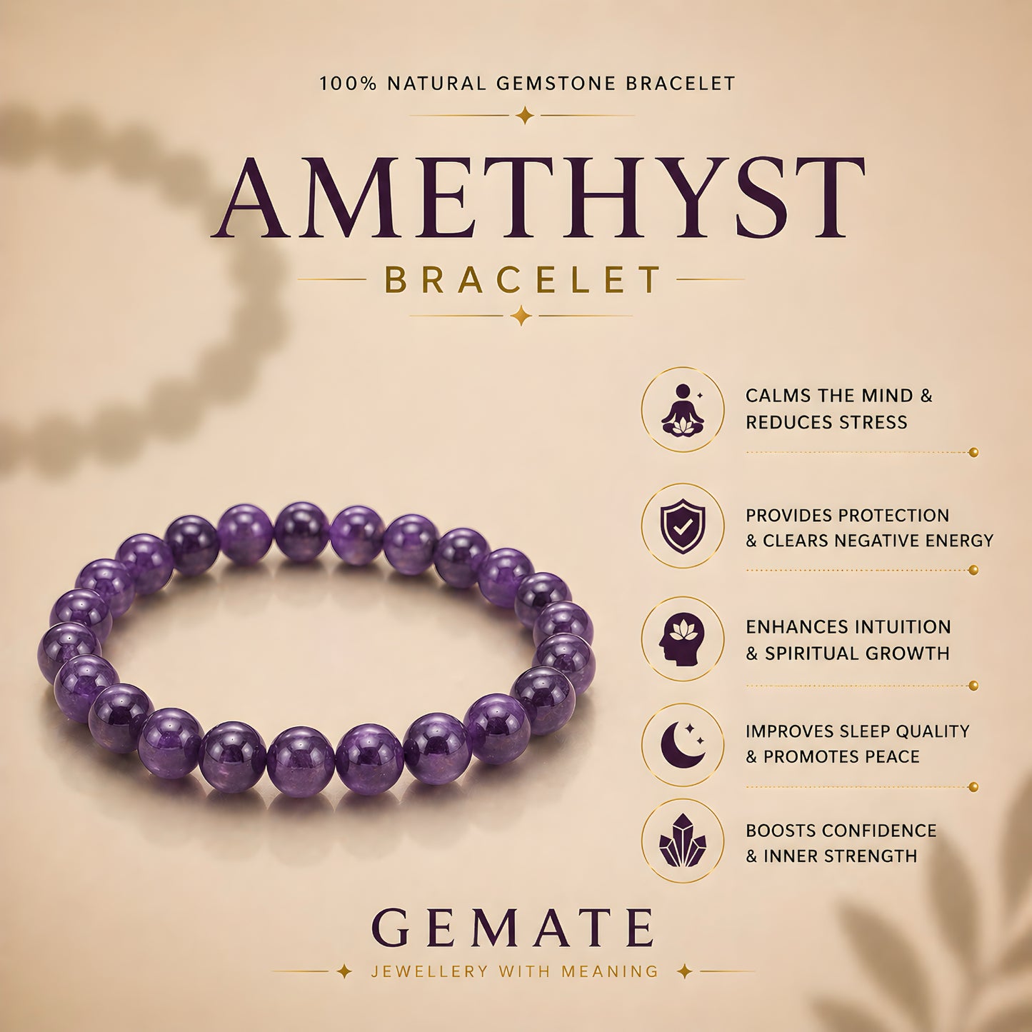 Amethyst Bracelet – Known for Calming the Mind, Healing Energy & Spritual Balance
