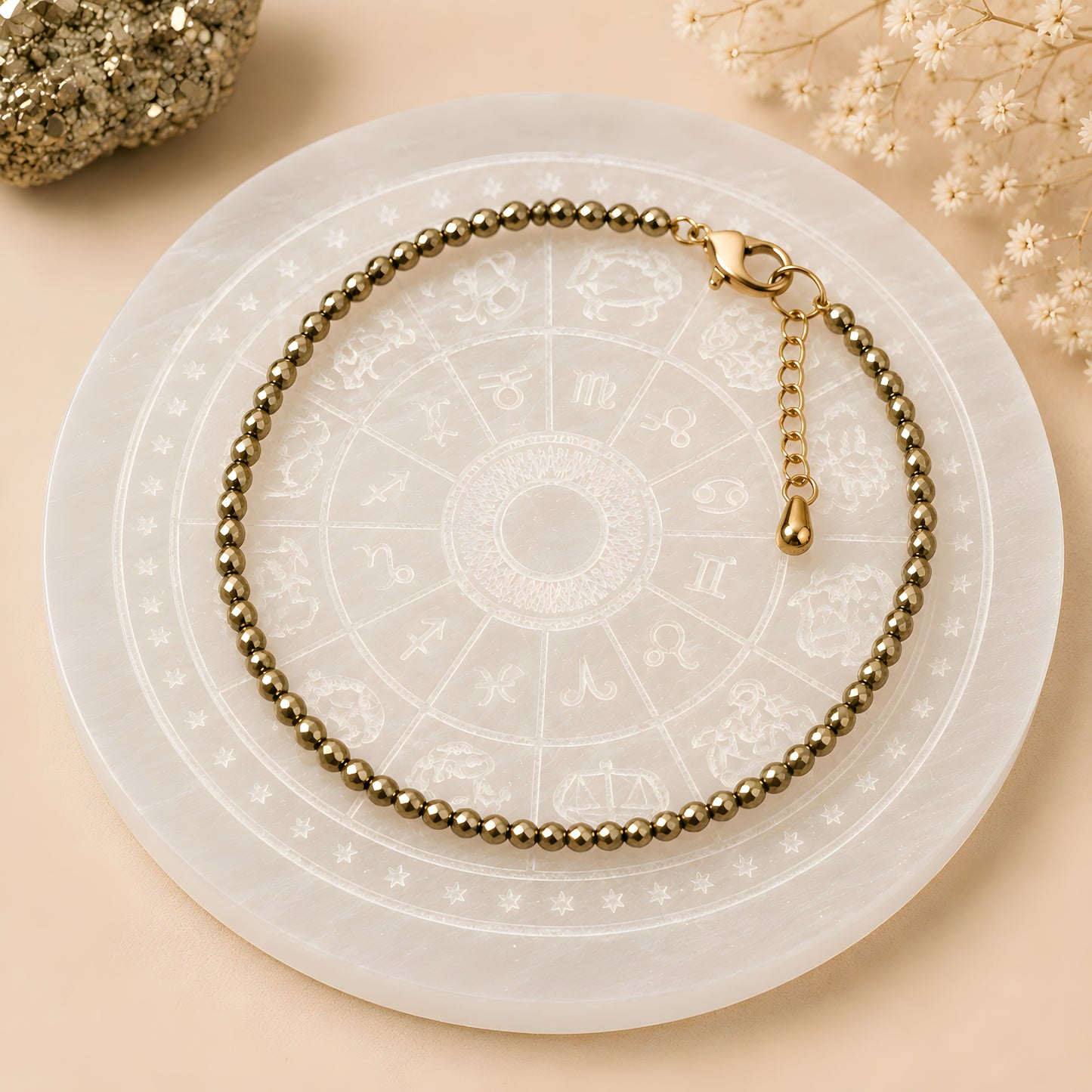 Lakshmi Pyrite Anklet with Free Selenite Plate — Attracts Wealth & Prosperity